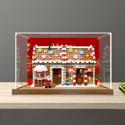 LEGO 40809 Festive Gingerbread House Mirror Display Case with Wood Grain Base and UV-Printed Themed Background