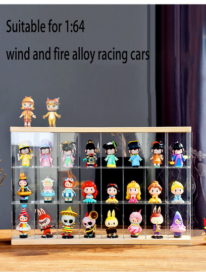 Sliding Door Acrylic Display Case, Wooden Base & Top Showcase, Dust-Proof Organizer for LEGO Speed Champions, Pop Mart Figures, and 1:64/1:32 Scale Cars