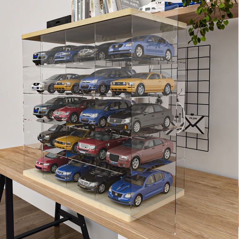 Sliding Door Acrylic Display Case, Wooden Base & Top Showcase, Dust-Proof Organizer for LEGO Speed Champions, Pop Mart Figures, and 1:64/1:32 Scale Cars