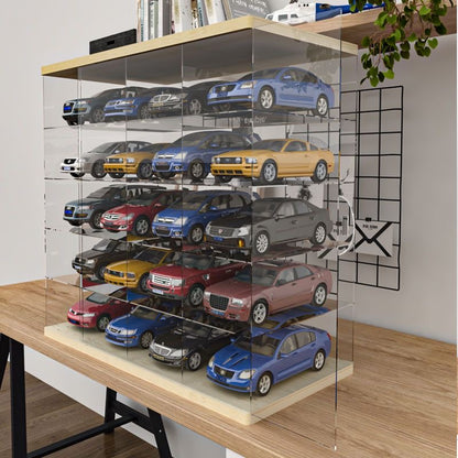 Sliding Door Acrylic Display Case, Wooden Base & Top Showcase, Dust-Proof Organizer for LEGO Speed Champions, Pop Mart Figures, and 1:64/1:32 Scale Cars