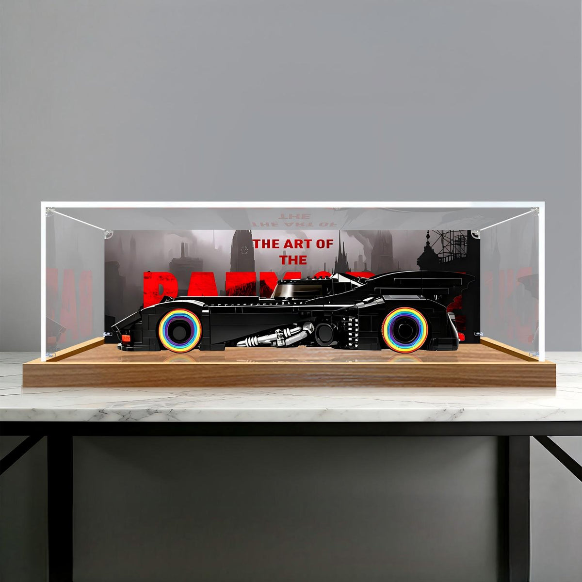LEGO 76355 Batman Returns Batmobile Mirror Display Case with Wood Grain Base and UV-Printed Themed Background