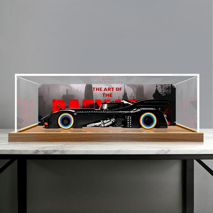LEGO 76355 Batman Returns Batmobile Mirror Display Case with Wood Grain Base and UV-Printed Themed Background