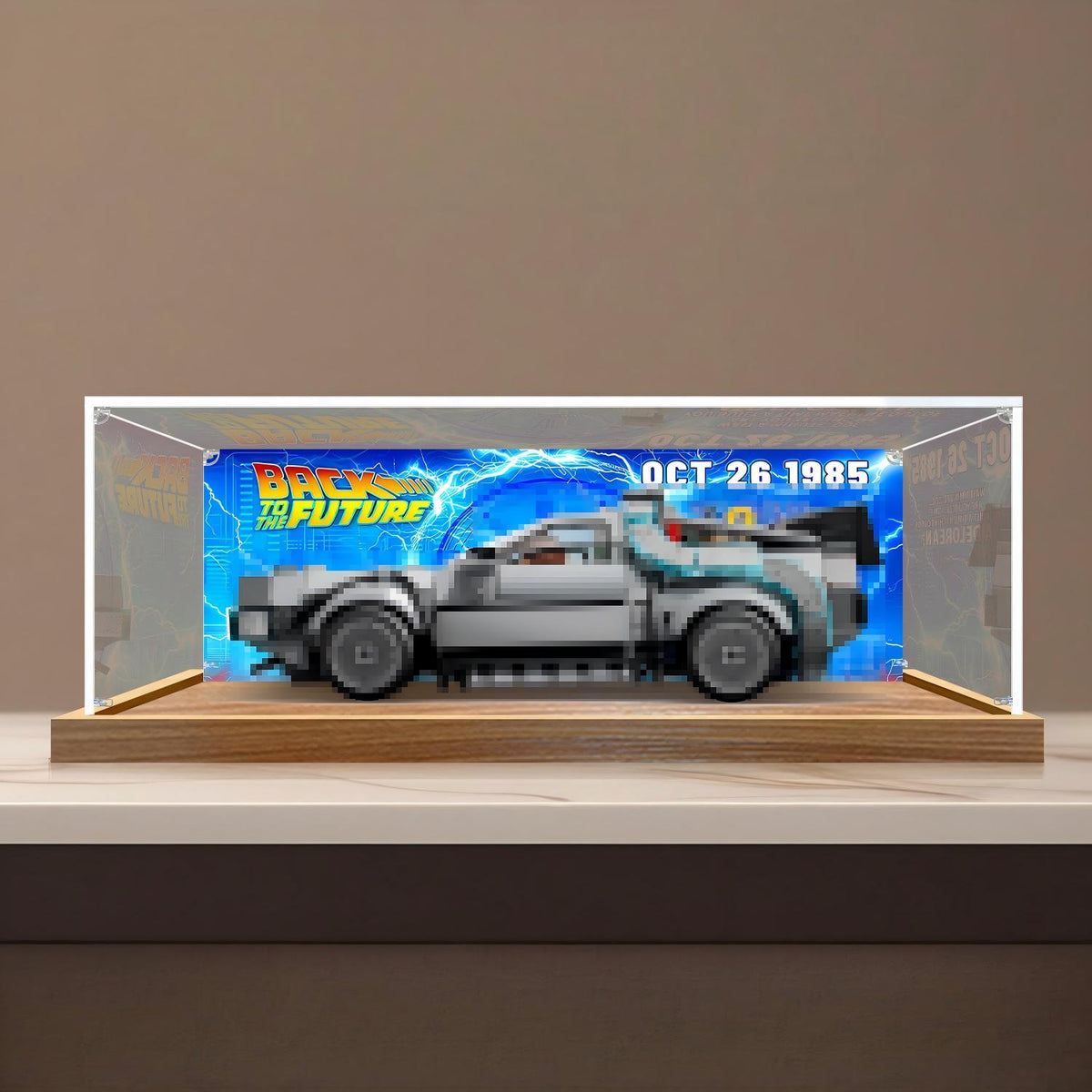 LEGO 77256 Time Machine from Back to the Future Mirror Display Case with Wood Grain Base and UV-Printed Themed Background