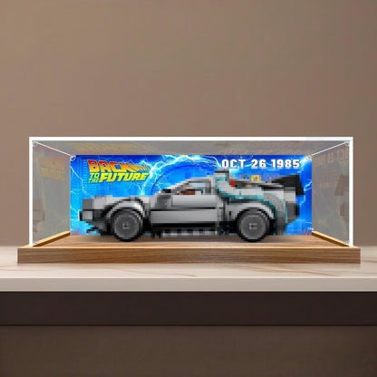 LEGO 77256 Time Machine from Back to the Future Mirror Display Case with Wood Grain Base and UV-Printed Themed Background