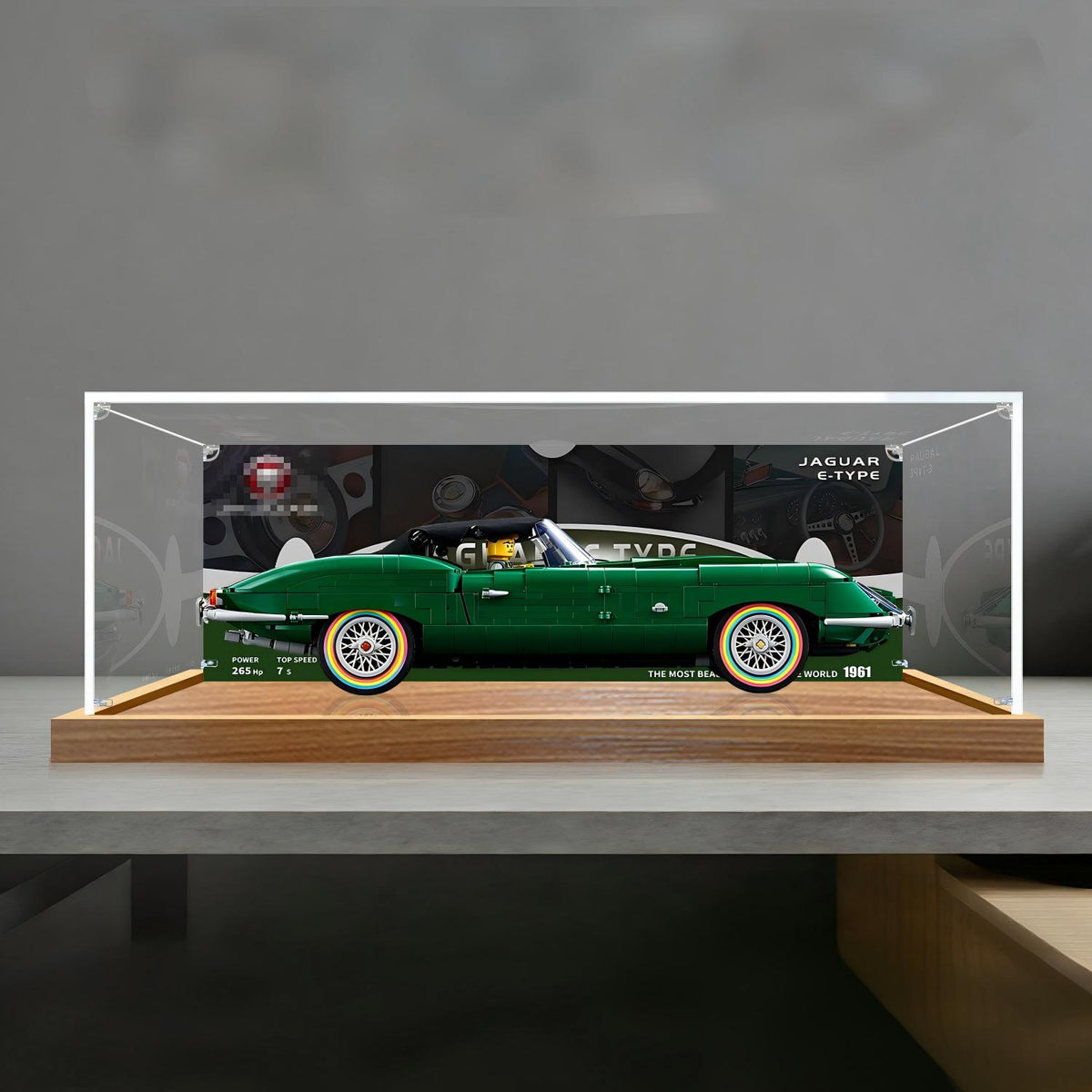 LEGO 11381 Jaguar E-Type Mirror Display Case with Wood Grain Base and UV-Printed Themed Background