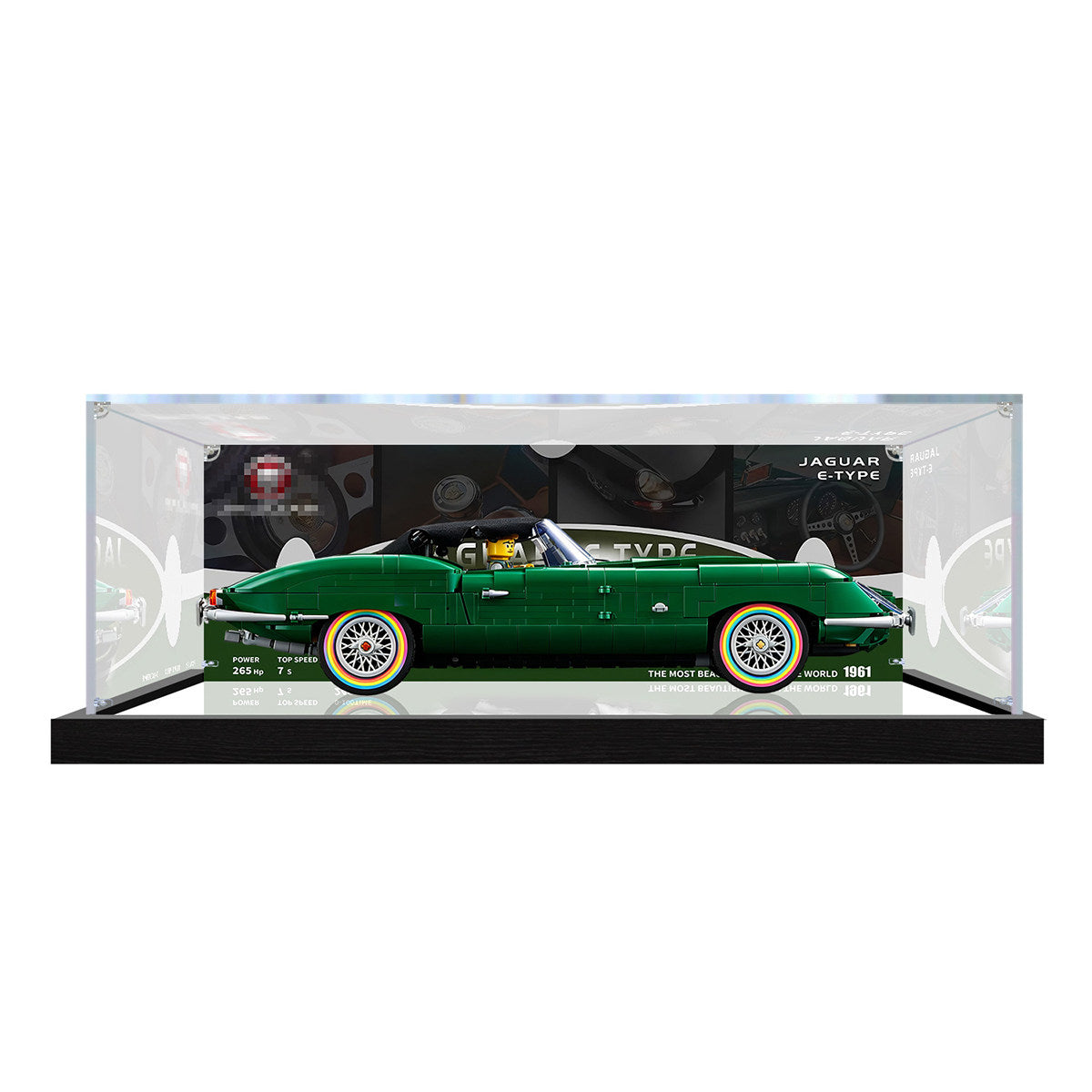 LEGO 11381 Jaguar E-Type Mirror Display Case with UV-Printed Themed Background