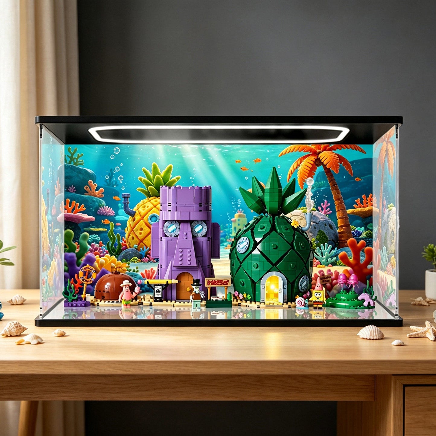 LEGO 11386 SpongeBob Bikini Bottom Mirror Acrylic Display Case with Ring Light & UV-Printed Background - Dustproof Showcase