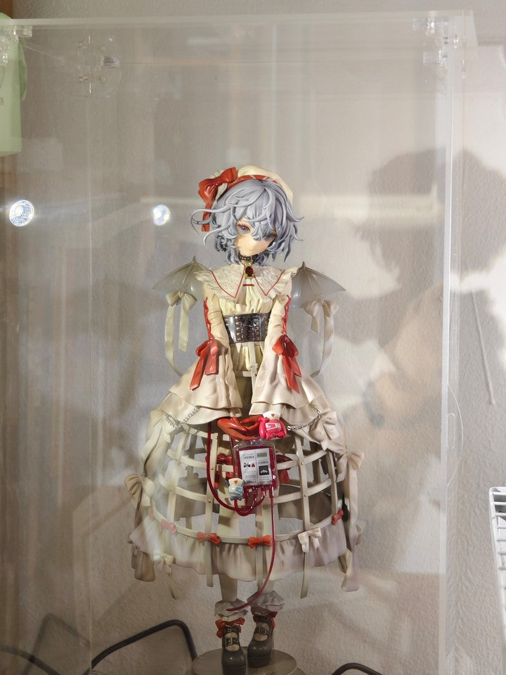 Vitrina de acrílico iluminada con LED y puerta corredera - Exhibidor transparente apilable para coleccionables, figuras de acción, maquetas - Luz anular blanca y base de madera plástica negra