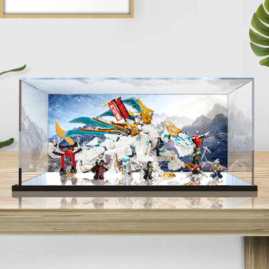 Acrylic Display Case for LEGO 71786 Zane's Ice Dragon Creature, with Themed Printed Background & Dustproof Box