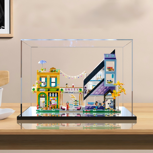 Acrylic Display Case for LEGO 41732 Downtown Flower and Design Stores, with Themed Printed Background & Dustproof Box