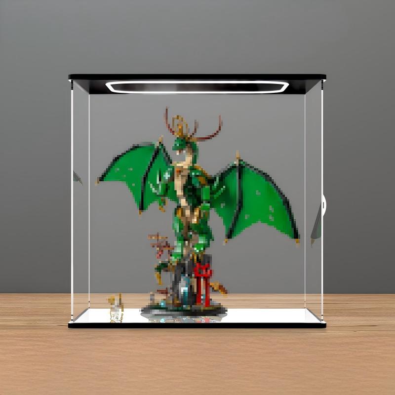 LEGO 71847 Dragon Attack Mirror Acrylic Display Case with Ring Light & UV-Printed Background - Dustproof Showcase