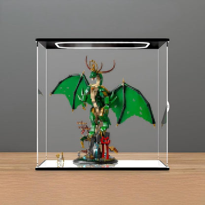 LEGO 71847 Dragon Attack Mirror Acrylic Display Case with Ring Light & UV-Printed Background - Dustproof Showcase