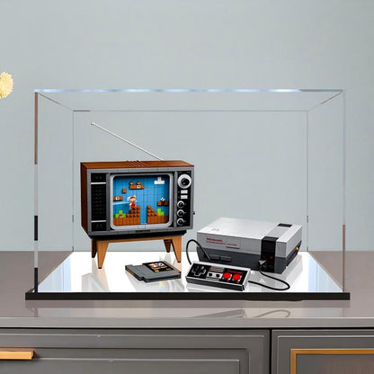 LEGO 71374 Nintendo Entertainment System Custodia Espositiva in Acrilico Specchiato con Anello Luminoso e Sfondo Stampato UV - Vetrina Antipolvere