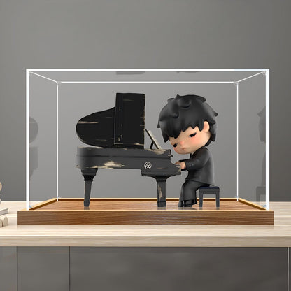 Caixa de Exibição de Acrílico Espelhado da Série Pop Mart Hirono Piano com Luz de Anel e Fundo Impresso em UV - Vitrine à Prova de Poeira