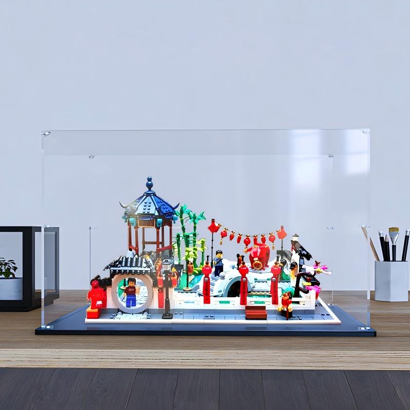 LEGO 80107 Caixa de Exposição de Acrílico com Espelho para Festival de Lanternas de Primavera com Luz de Anel e Fundo Impresso em UV - Vitrine à Prova de Poeira