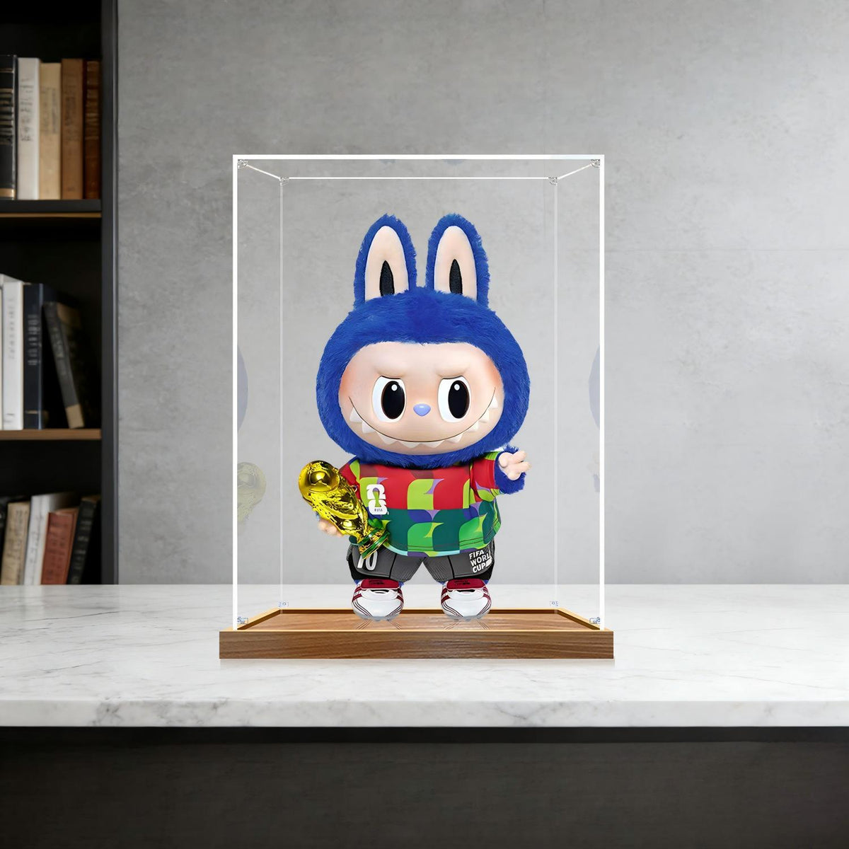Pop Mart Labubu Champion Series Mirror Acrylic Display Case with Ring Light & UV-Printed Background - Dustproof Showcase
