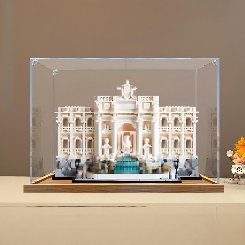 LEGO 21062 Trevi Fountain Mirror Acrylic Display Case with Ring Light & UV-Printed Background - Dustproof Showcase