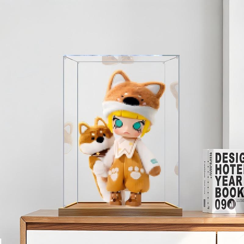 Caixa de Exibição de Acrílico Espelhado para Coleção Pop Mart Molly Shiba Inu com Luz de Anel e Fundo Impresso em UV - Vitrine à Prova de Poeira