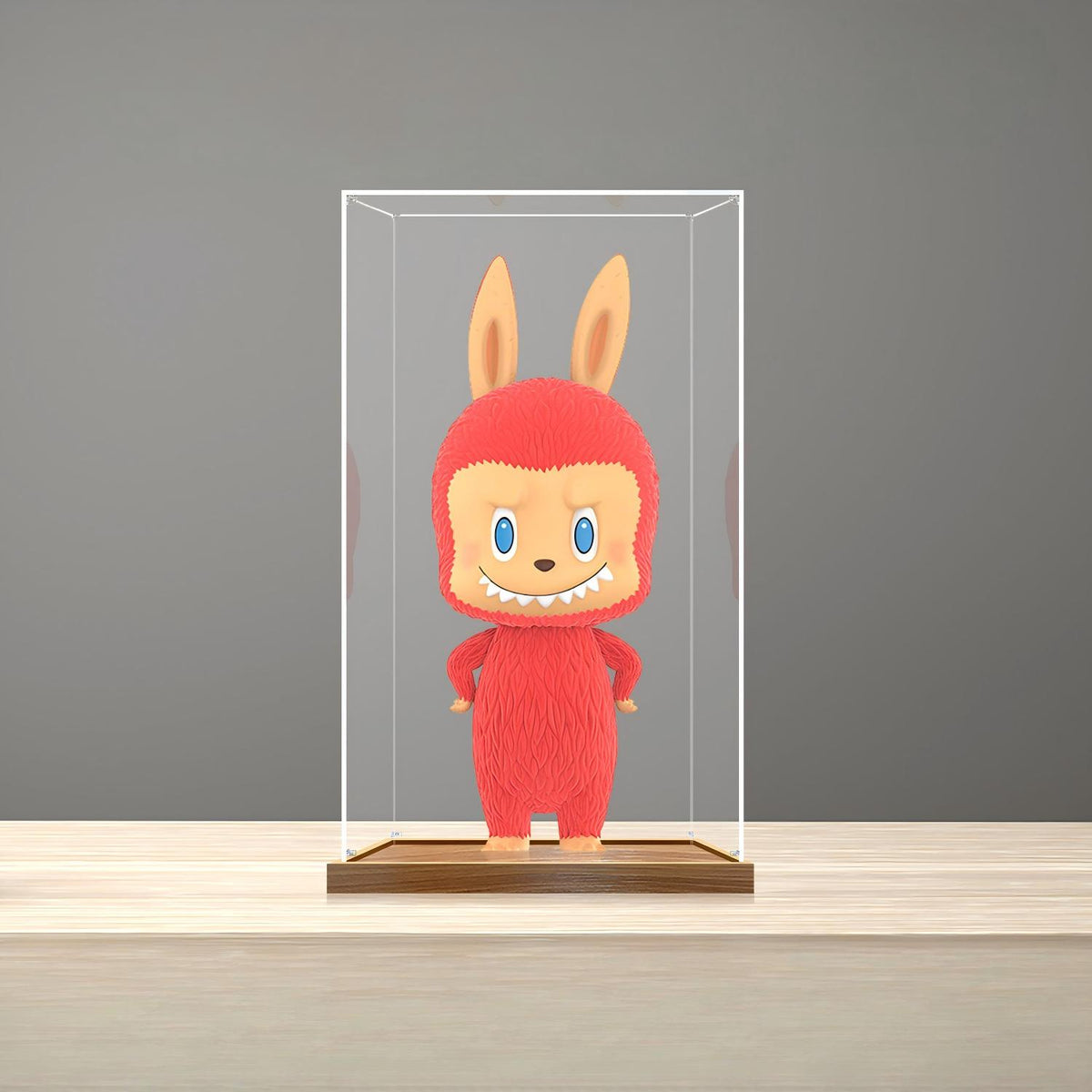 Boîte d'exposition en acrylique avec miroir pour Pop Mart Labubu Holiday, avec anneau lumineux et fond imprimé UV - Vitrine anti-poussière