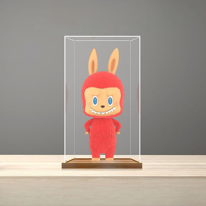Boîte d'exposition en acrylique avec miroir pour Pop Mart Labubu Holiday, avec anneau lumineux et fond imprimé UV - Vitrine anti-poussière