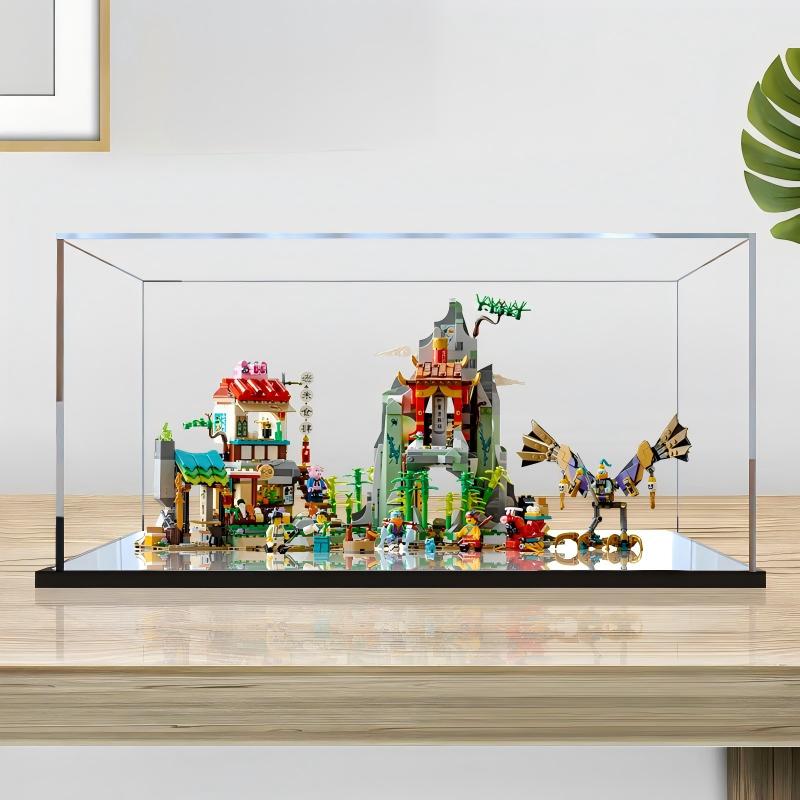 LEGO 80044 Monkie Kid's Team Hideout Mirror Acrylic Display Case with Ring Light & UV-Printed Background - Dustproof Showcase