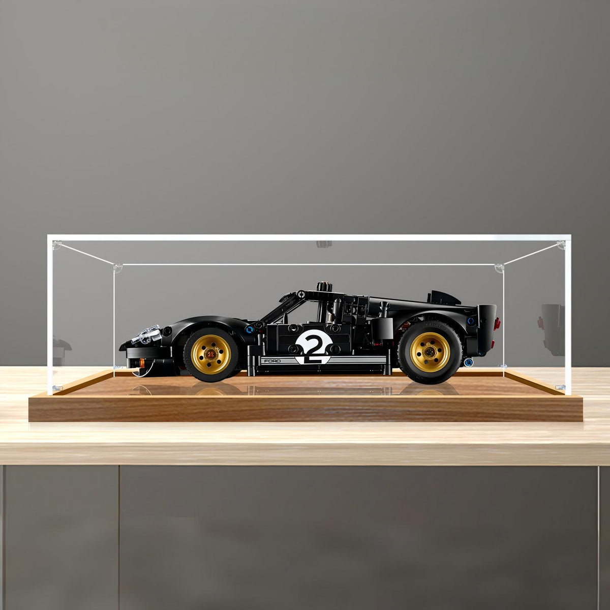 LEGO 42223 1966 Ford GT40 MKII Vitrine de Exibição em Acrílico com Espelho, Luz Anelar e Fundo Impresso em UV - Vitrine à Prova de Poeira