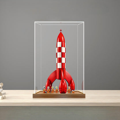LEGO 21367 Tintin Moon Rocket Vitrine de Exibição em Acrílico com Espelho, Anel de Luz e Fundo Impresso em UV - Mostruário à Prova de Poeira