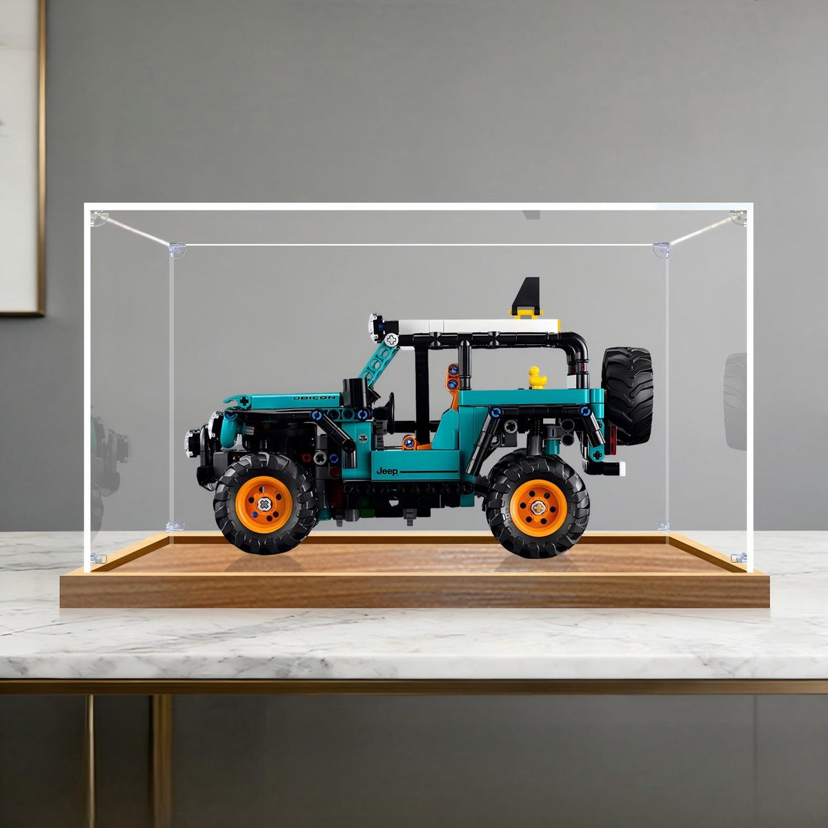 LEGO 42227 Jeep Wrangler Rubicon Mirror Acrylic Display Case with Ring Light & UV-Printed Background - Dustproof Showcase