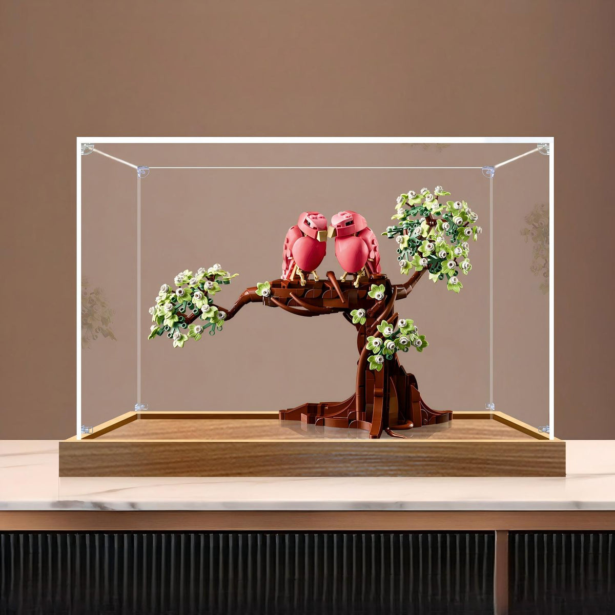 LEGO 21365 Love Birds Spiegel Acryl Vitrine met Ringlicht & UV-Geprinte Achtergrond - Stofdichte Showcase