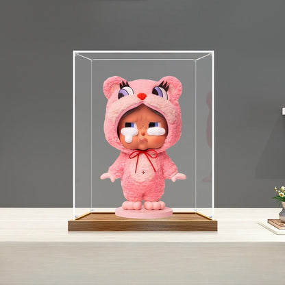 Pop Mart Crybaby 镜面亚克力展示盒，带环形灯和UV印刷背景 - 防尘展示柜