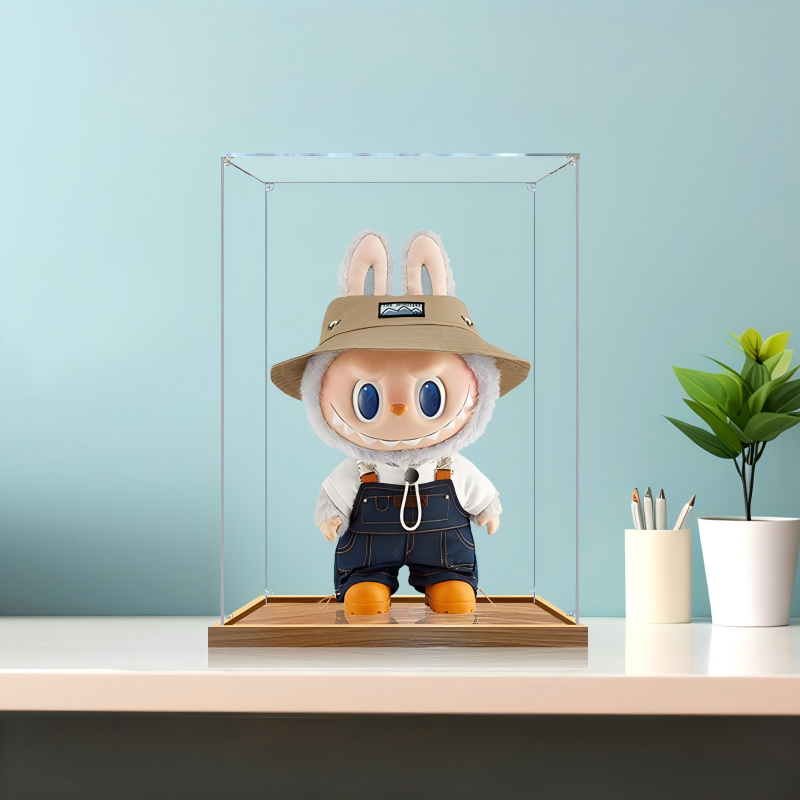 Suitable for Pop Mart Labubu Forest Display Case – Showcase with UV-Printed Background & Wooden-Texture Base