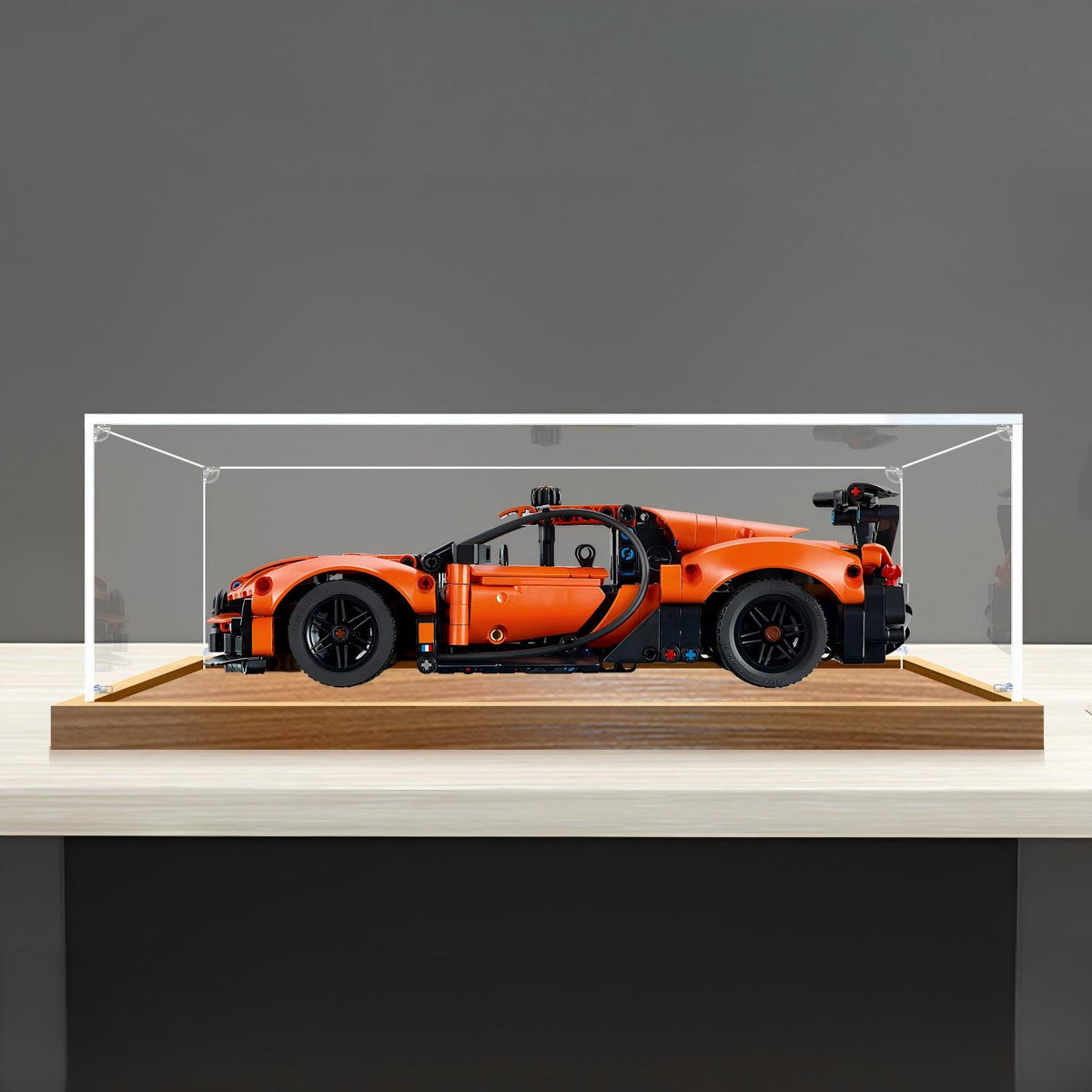 LEGO 42222 Bugatti Chiron Pur Sport Mirror Acrylic Display Case with Ring Light & UV-Printed Background - Dustproof Showcase