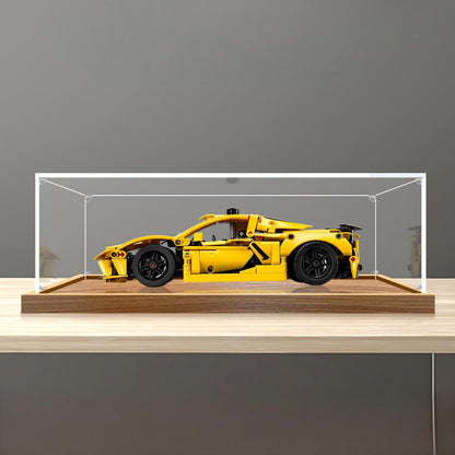 LEGO 42205 Chevrolet Corvette Stingray Mirror Acrylic Display Case with Ring Light & UV-Printed Background - Dustproof Showcase