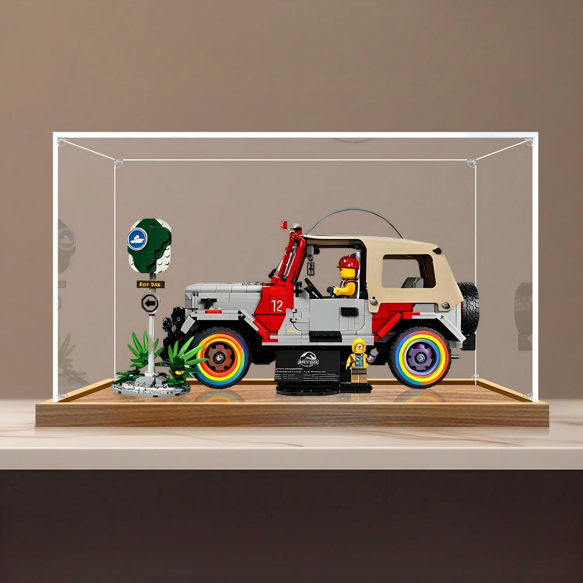 LEGO 77984 Jurassic Park Jeep Wrangler Mirror Acrylic Display Case with Ring Light & UV-Printed Background - Dustproof Showcase