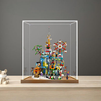 LEGO 80054 مدينة ميغابوليس الذكرى الخامسة علبة عرض أكريليك مرآة مع ضوء حلقي وخلفية مطبوعة بالأشعة فوق البنفسجية - صندوق عرض مقاوم للغبار