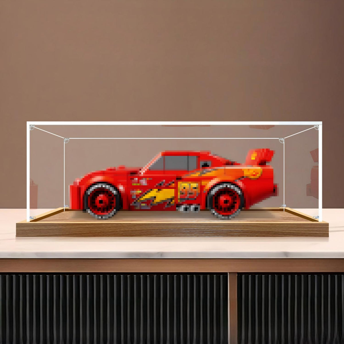 LEGO 77255 Lightning McQueen Vitrine d'affichage en acrylique miroir avec anneau lumineux et fond imprimé UV - Présentoir anti-poussière