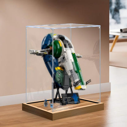 LEGO 75409 Jango Fett's Firespray-Class Starship - UCS Vetrina espositiva in acrilico a specchio con luce ad anello e sfondo stampato UV - Espositore antipolvere
