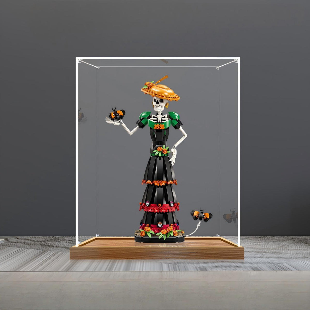 LEGO 21372 La Catrina Spejl Akryl Udstillingskasse med Ringlys & UV-printet Baggrund - Støvtæt Vitrine