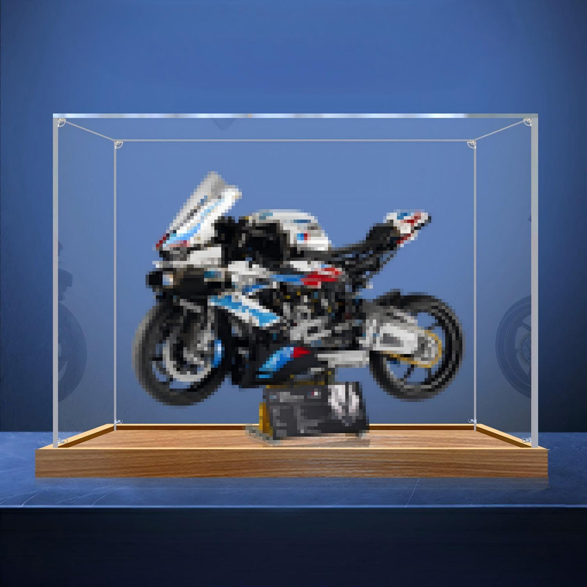 LEGO 42130 BMW M 1000 RR ミラーアクリルディスプレイケース リングライト＆UVプリント背景付き - 防塵ショーケース