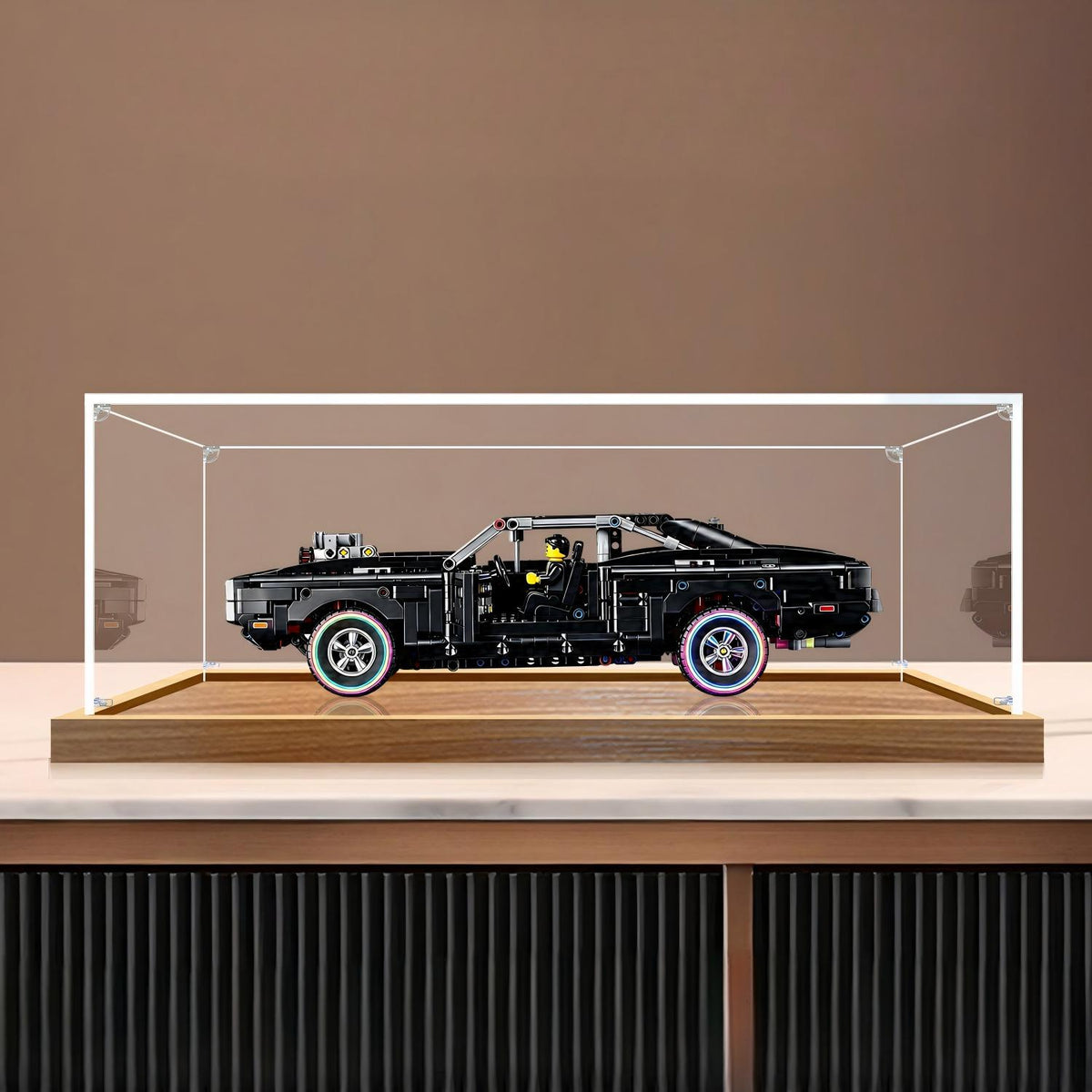 LEGO 42231 دودج تشارجر R/T صندوق عرض أكريليك مع إضاءة حلقية وخلفية مطبوعة بالأشعة فوق البنفسجية - صندوق عرض مقاوم للغبار
