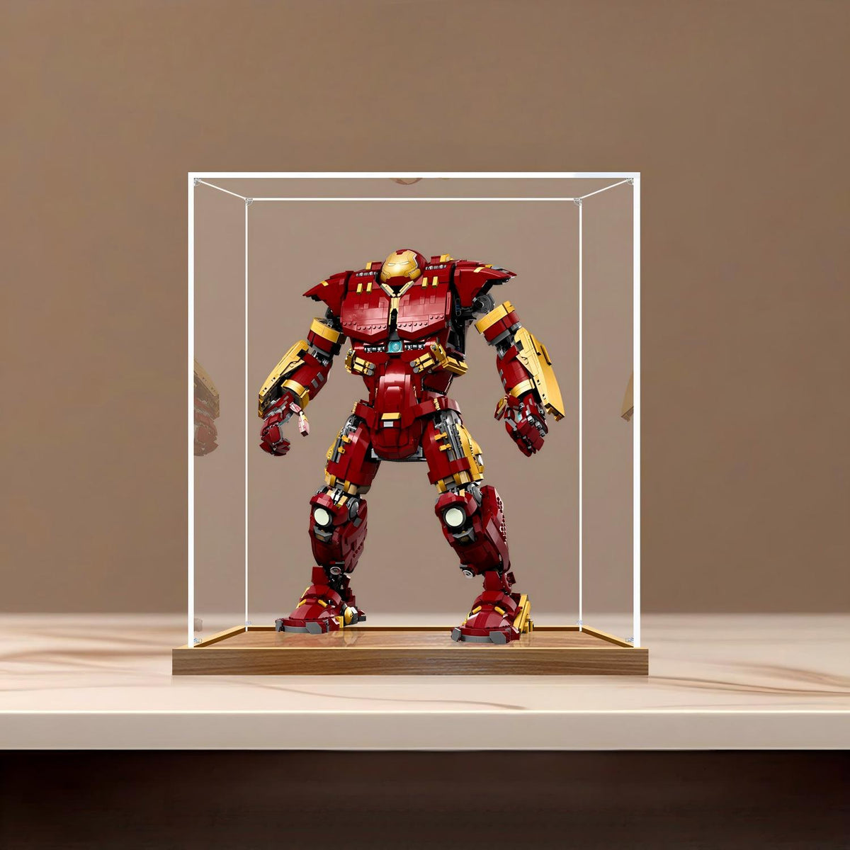LEGO 76210 反浩克装甲镜面亚克力展示盒，带环形灯和UV印刷背景 - 防尘展示柜