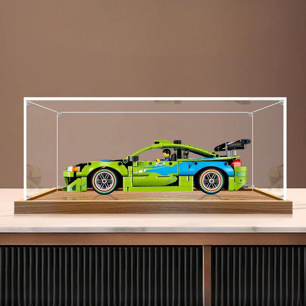 LEGO 42229 Technic Fast and Furious Mitsubishi Eclipse Car Mirror Acrylic Display Case with Ring Light & UV-Printed Background - Dustproof Showcase
