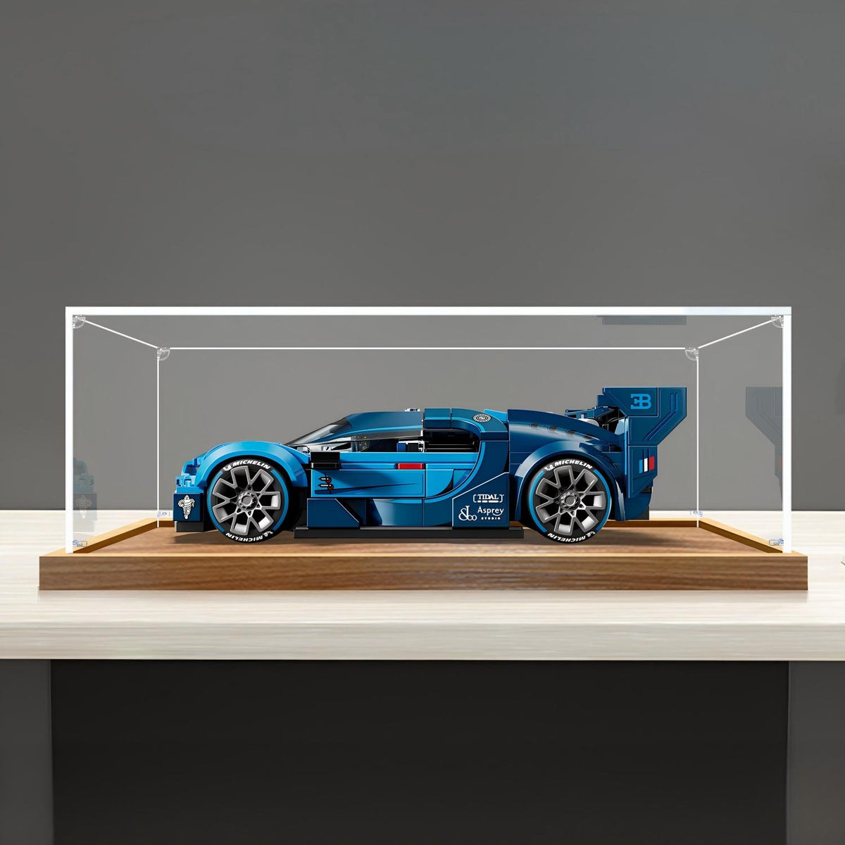 LEGO 77253 Bugatti Vision Gran Turismo Vitrine d'affichage en acrylique avec miroir, anneau lumineux et fond imprimé UV - Présentoir anti-poussière