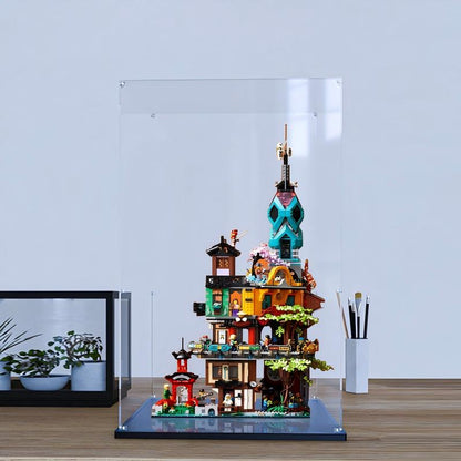 LEGO 71741 NINJAGO City Gardens Mirror Acrylic Display Case with Ring Light & UV-Printed Background - Dustproof Showcase