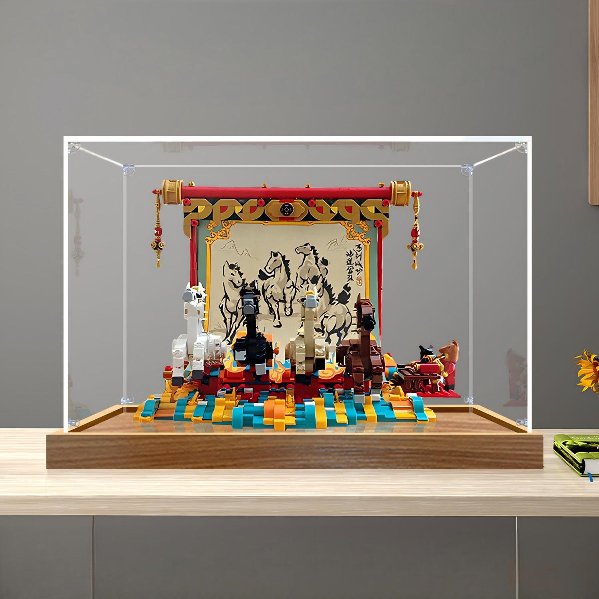 LEGO 80119 Galloping Horses Canvas Mirror Acrylic Display Case con Ring Light e Sfondo Stampato UV - Vetrina Antipolvere
