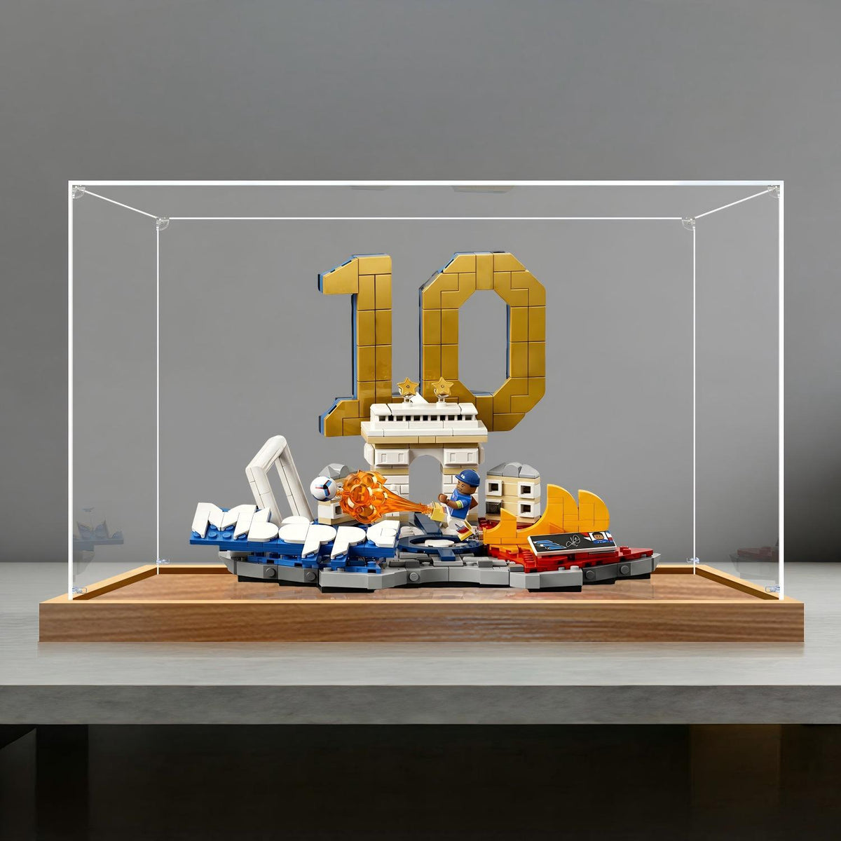 LEGO 43013 Kylian Mbappé - Soccer Highlights Mirror Acrylic Display Case with Ring Light & UV-Printed Background - Dustproof Showcase