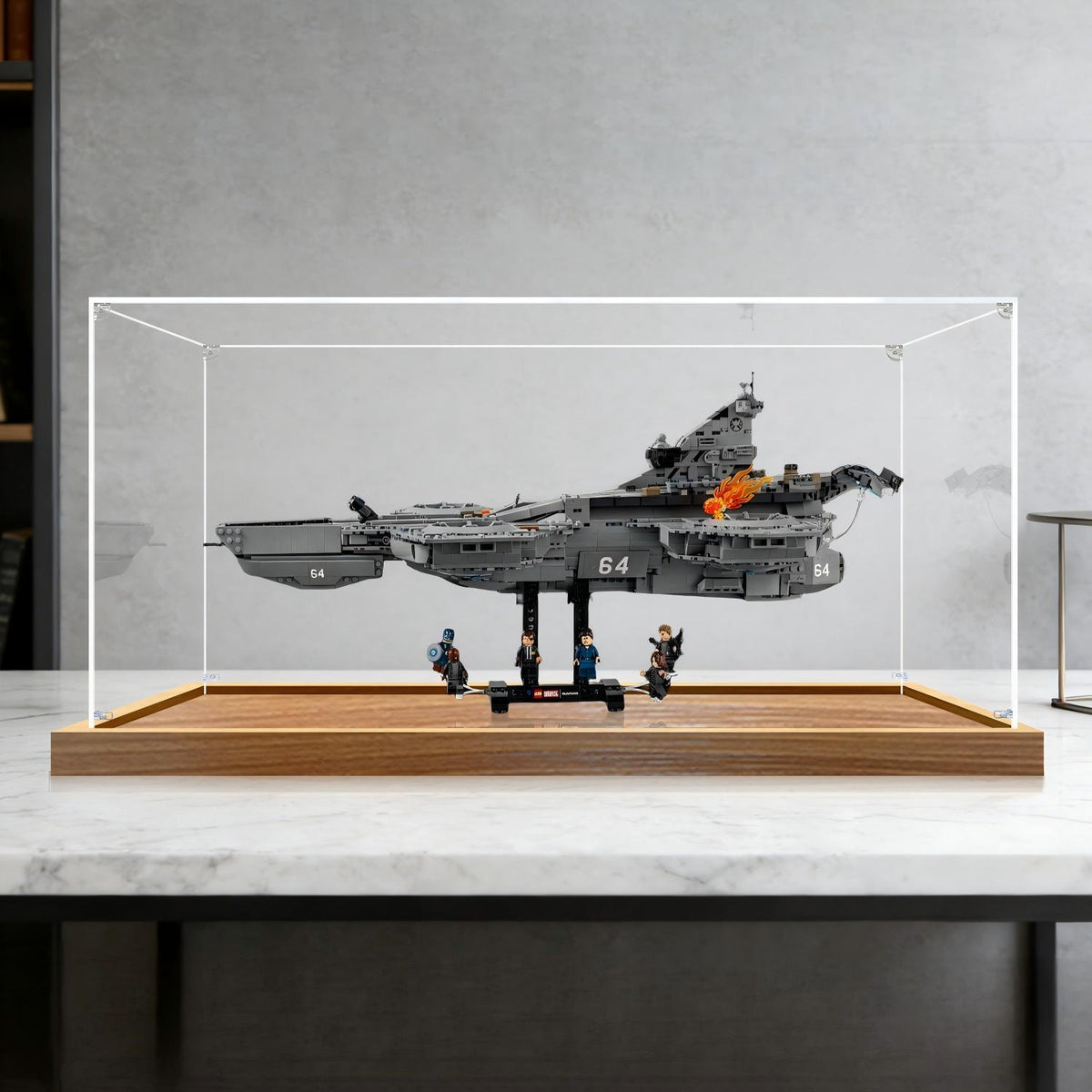 LEGO 76354 S.H.I.E.L.D. Helicarrier حافظة عرض أكريليك مرآة مع ضوء حلقي وخلفية مطبوعة بالأشعة فوق البنفسجية - واجهة عرض مقاومة للغبار