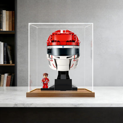 LEGO 43014 Scuderia Ferrari HP Charles Leclerc Helmet Mirror Acrylic Display Case with Ring Light & UV-Printed Background - Dustproof Showcase