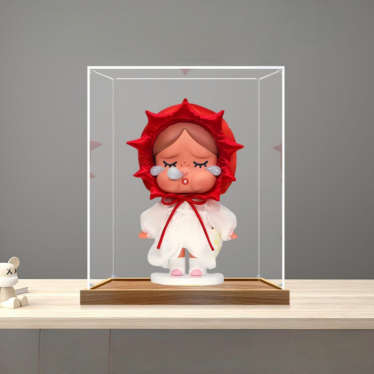 Caixa de Exibição de Acrílico com Espelho para Pop Mart Pucky Lazy Series com Luz de Anel e Fundo Impresso em UV - Vitrine à Prova de Poeira