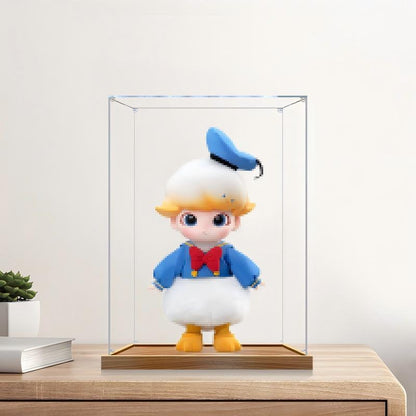 حالة عرض أكريليك مرآة Pop Mart Dimoo Donald Duck مع إضاءة حلقية وخلفية مطبوعة بالأشعة فوق البنفسجية - صندوق عرض مقاوم للغبار